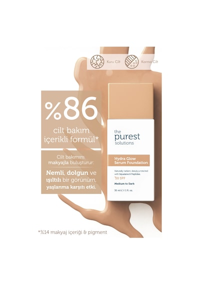 The Purest Solutions Nemlendirici & Canlandırıcı Serum Fondöten SPF 50+, 30 ml – Orta / Koyu Ton