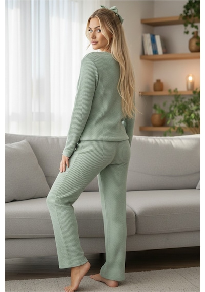 Siyah İnci Bisiklet Yaka Yumuşak Kışlık Waffle Örme Pijama Takım Yeşil