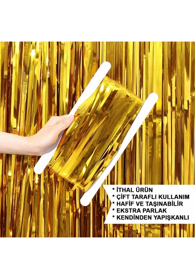 Altın Renk Ekstra Metalize Parlak Saçaklı Arka Fon Perde İthal A Kalite 1x2 Metre