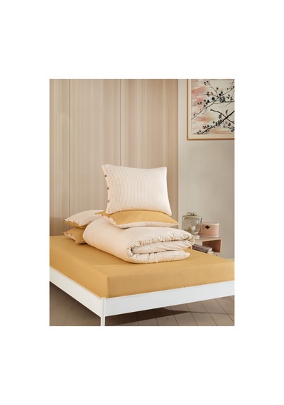 Çift Kişilik Pamuklu Çizgili Nevresim Seti Düğmeli Model 200 X 220 Cm Hardal
