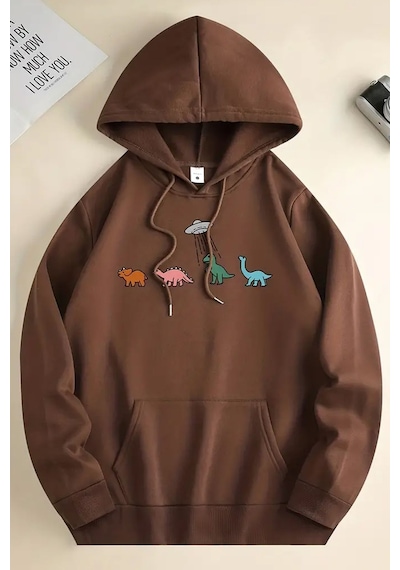 Uyguntarz Uzaylı Dinazor Baskılı Oversize Sweatshirt Kahverengi