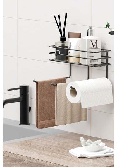 Yapışkanlı Raflı Havlu Kurutmalık Mutfak Banyo Rafı Askısı Raf Duvar Düzenleyici Organizer Havluluk Siyah