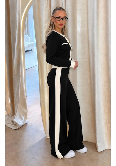 Elora Atelier Siyah Beyaz Şerit Detaylı Triko Takım