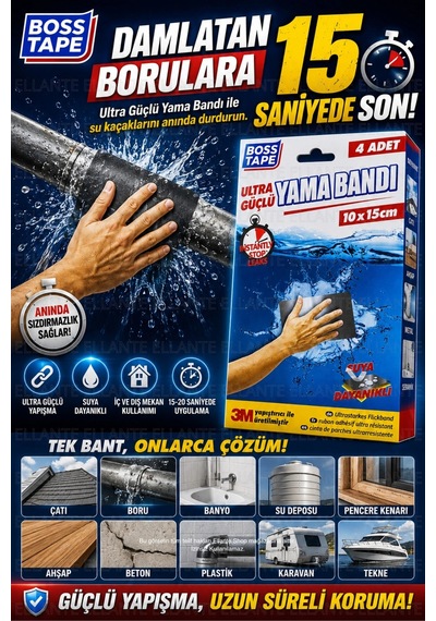 Ultra Güçlü Yama Bandı Çatlak, Delik Ve Su Kaçaklarına Kalıcı Çözüm 4 Adet