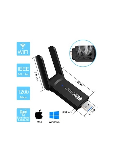 Vothoon Dual Band USB 3.0 Adaptör Kablosuz Wi-Fi Alıcı Ac1200 Mbp