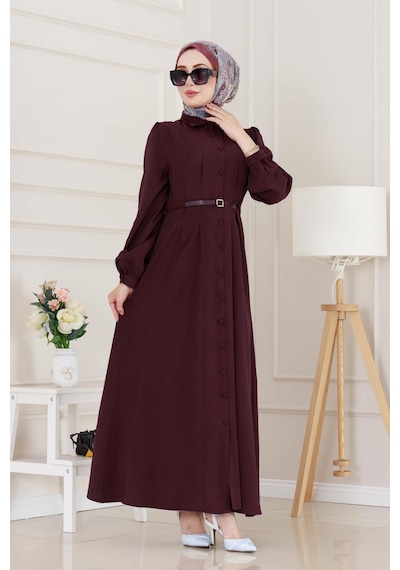 Sevitli Kemerli Tensel Elbise-bordo-5035 Bordo