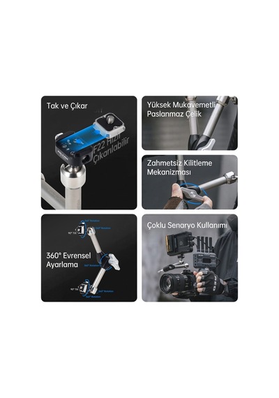 Falcam F22 Quick Release 7 Inch 360 Çift Ball Head Metal Extension Magic Arm Gri - 2974b
