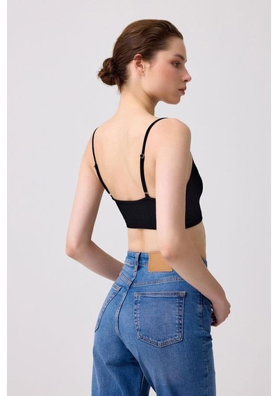 Cottonhill Premium - Kadın Siyah Seamless İp Askılı Crop Top Büstiyer Siyah