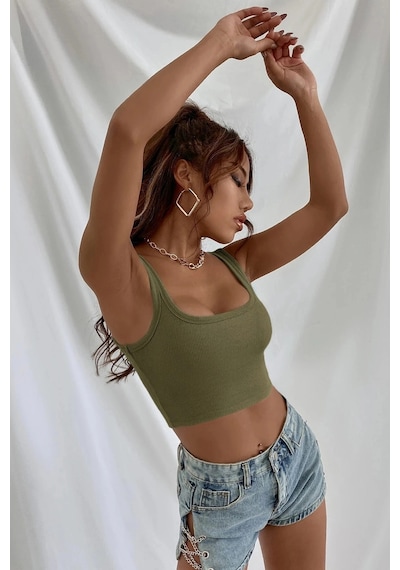 Kapsulavm Kadın Haki Yeşili Kalın Askılı Crop Top Büstiyer
