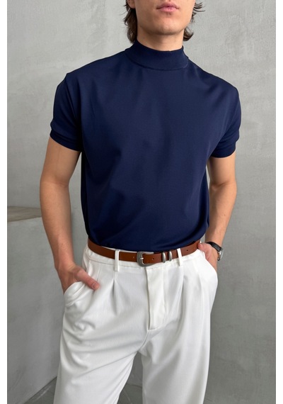 Erkek Oversize Yarım Balıkçı Triko T-shirt Lacivert