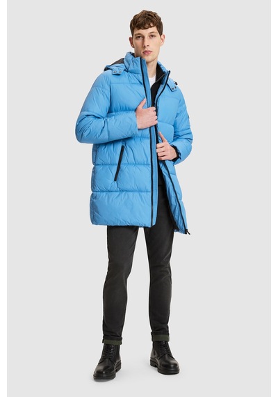 U.S. Polo Assn. Erkek Mavi Kapüşonlu Yaka Regular Fit Ara Boy Fermuarlı Cepli Kaban 50328178-vr036
