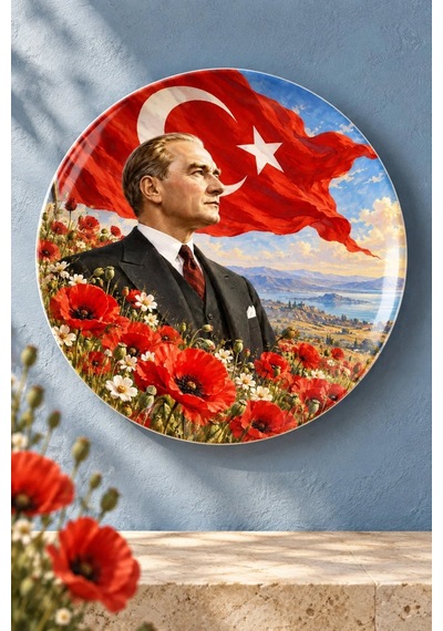 Dekoratif Duvar Tabağı Atatürk, Bayrak Ve Çiçekler Dekorlu Seramik Tabak Gri