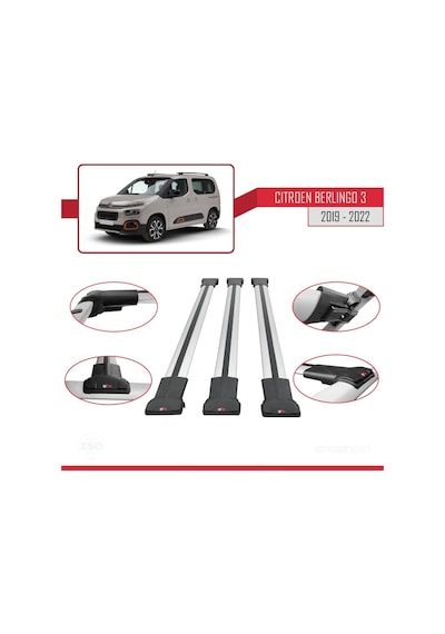 Citroen Berlingo 2019-2022 Arası İle Uyumlu Fly Model Ara Atkı Tavan Barı Gri 3 Adet Bar
