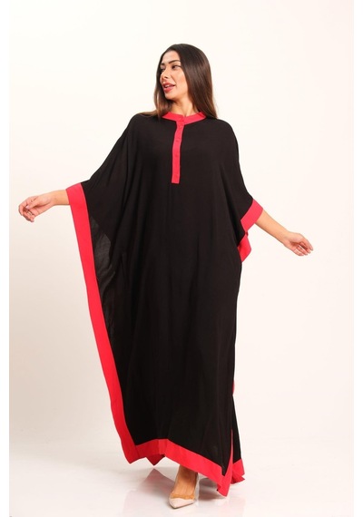 Keyifli Moda Kadın Siyah Kırmızı Garnili Sırtı Çiçek Nakışlı Püsküllü Yarasa Kol Yırtmaçlı Oversize Uzun Elbise - Sıyah Siyah