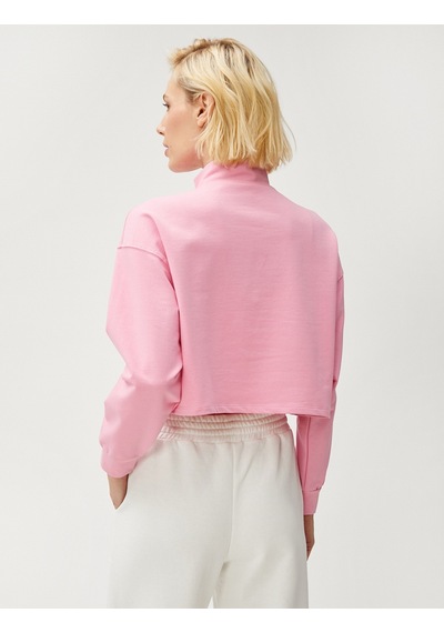 Koton Crop Sweatshirt Yarım Fermuarlı Dik Yaka Pembe 3sak10196ek Gülkurusu