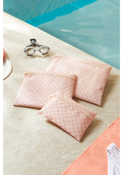 Ocean Home Textile 3'lü Su Geçirmez Pvc Astarlı Pembe Dama Desen Islak Kuru Çantası 20 X 13 / 24 X 20 / 30 X 24 Cm