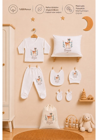 Pia Baby Kız Bebek Hastane Çıkışı 8 Parça İsme Özel Hediye Keseli Zıbın Seti %100 Pamuk Organik Baskı 2036zybkyx Krem
