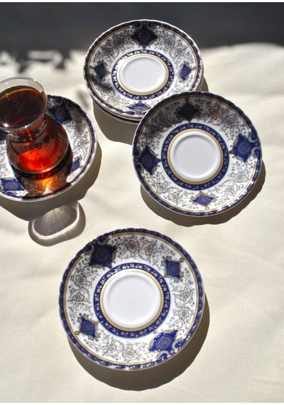 6'lı Porselen Çay Tabağı Altın İşlemeli Gold 12 Cm Çay Tabak Seti - Parya Lacivert