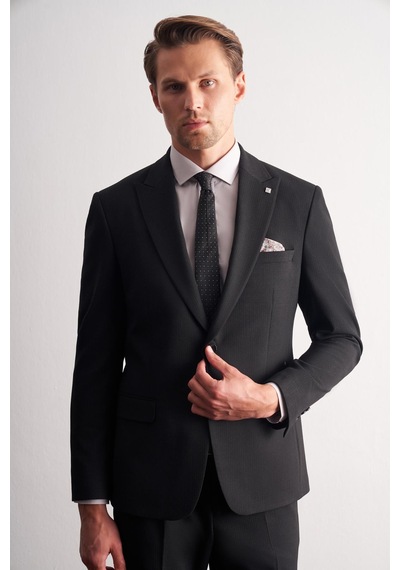 İmza Siyah Kırlangıç Yaka Çizgili 6 Drop Slim Fit Tam Astar Esnek Takım Elbise 1001255164