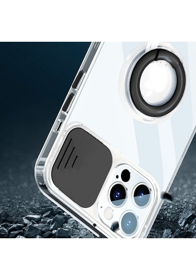 More Tr Ally Apple Uyumlu iPhone 12 Pro Max Kılıf Sürgülü Kamera Lens Korumalı Yüzük Standlı Silikon Kılıf Siyah