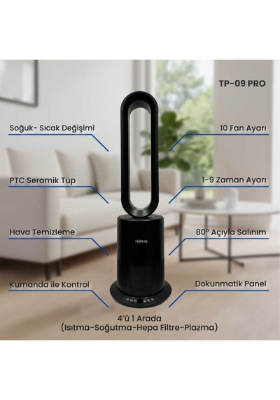 Haibrag Tp-09 Pro 4 Ü 1 Arada Isıtma, Soğutma, Hepa Filtre & Hava Temizleme Kanatsız Zemin Tipi Fan Siyah
