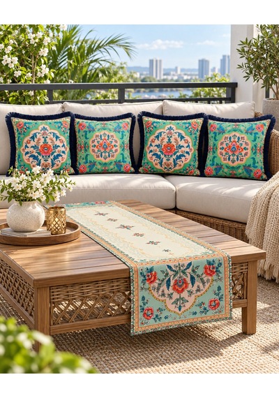 Oriental Bloom Çiçek Desenli Runner + 4 Lü Kırlent Kılıfı Kombin 45 x 45