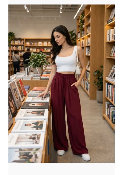 Bordo Bol Paça Rahat Pantolon Siyah