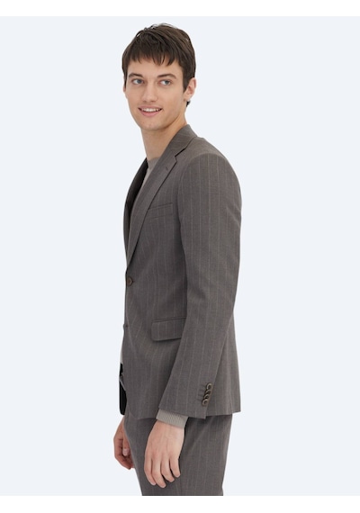 Kip Kahverengi Çizgili Modern Fit Yün Karışımlı Takım Elbise Kahverengi