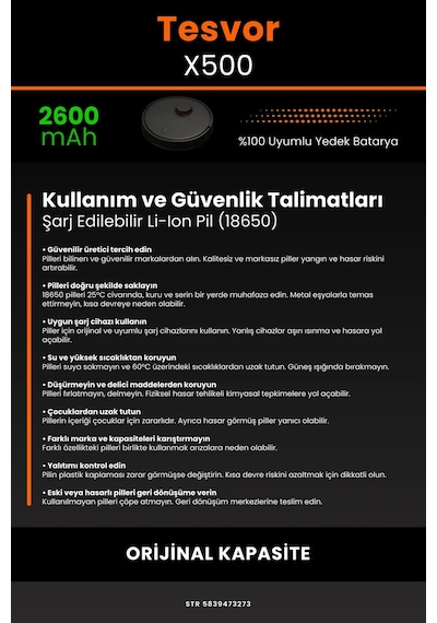 Tesvor X500 2600mAh Robot Süpürge  Bataryası
