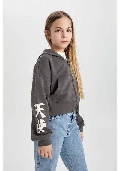 Defacto Kız Çocuk Kapüşonlu Fermuarlı Sweatshirt B9553A824SPGR311 Gri