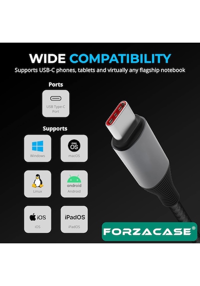 Forzacase FC898 Type -C To Type-C Örgülü Led Ekran 60W Pd Hızlı Şarj Kablosu 1 M