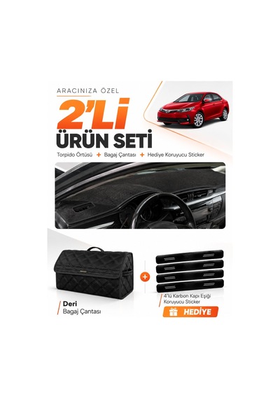 Toyota Corolla E170 2012-2018 Uyumlu Torpido Örtüsü + Deri Bagaj Çantası + Sticker Seti - Siyah