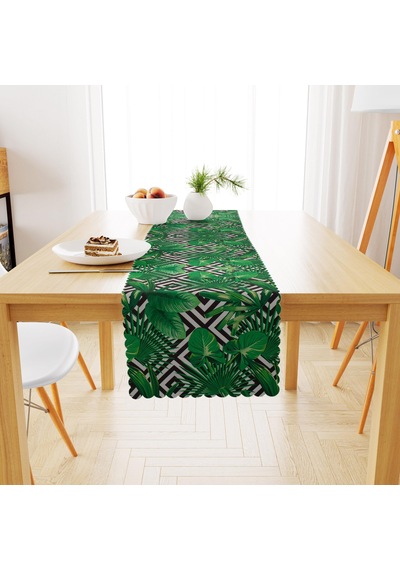 Yaprak Desenli Zigzag Zemin Yeşil Yapraklı Siyah Dijital Baskılı Petek Dokuma Runner 40x140