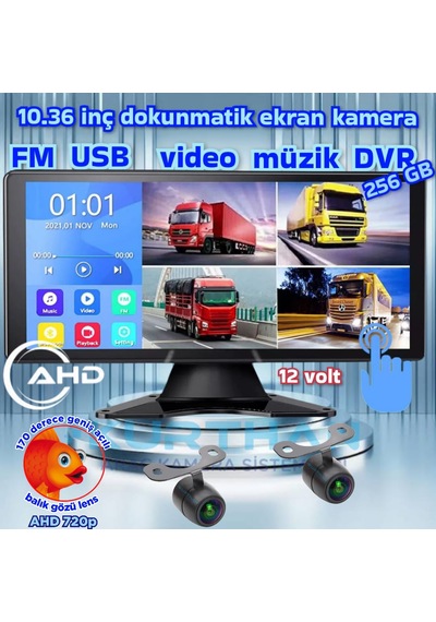 2 Adet Balık Gözü Lens Ahd 720p 170'' Kelebek Kamera Dvr Dokunmatik Ekran Video Müzik 12 Volt