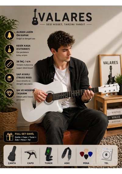 Valares 38c Kesik Kasa Beyaz Akustik Gitar 38 İnç 4/4 Yetişkin Üst Segment Çanta Capo Askı Pena