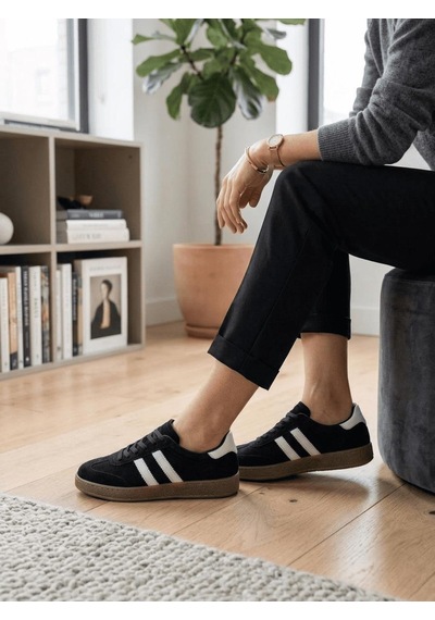 Potinonline 810 Kadın Hakiki Deri Süet Yanı Çizgili Sneaker Ayakkabı Siyah