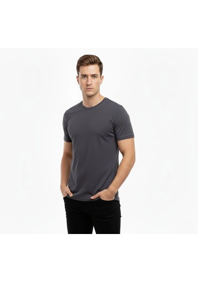 Erkek Bisiklet Yaka Slim Fit Dar Kesim Likralı Tişört - Füme Füme