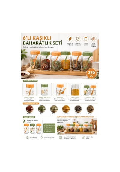 6'lı Kaşıklı Cam Baharatlık Seti, Çiçek Desenli Tuz Biber Nane Kekik Baharat Kavanozu 6x370cc Çok Renkli