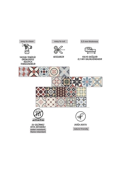 Tink Kendinden Yapışkanlı Patchwork Desenli Pvc Karo Kaplama 20x20 Cm 6'lı Paket