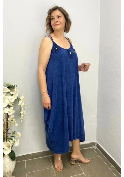 Mia Butik Büyük Beden Lacivert Pamuklu Şalvar Kesim Çiçekli Elbise Lacivert