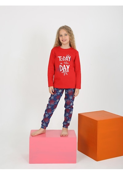 Kız Çocuk Uzun Kollu %100 Pamuklu Pijama Takımı Today Kırmızı