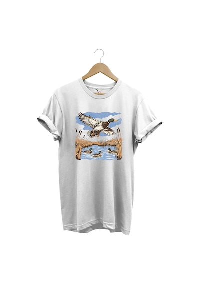 Hunting Avcılık Ördek Avı Sazlık Göl Baskılı %100 Pamuk Regular Fit Unisex T-shirt Beyaz