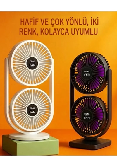 Şarjlı İkili Başlıklı Masaüstü Fan Vantilatör 2400 Mah 3 Kademeli Hız Sessiz Çalışma Döner B