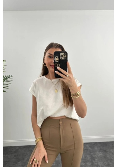 Winmoda34 Yüksek Bel Çimalı Palazzo Kumaş Pantolon Nevrulu Camel