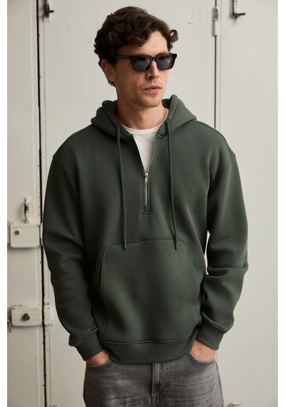 Grimelange Justus Erkek Kapüşonlu Kanguru Cepli Fermuar Yakalı Haki Sweatshirt Haki