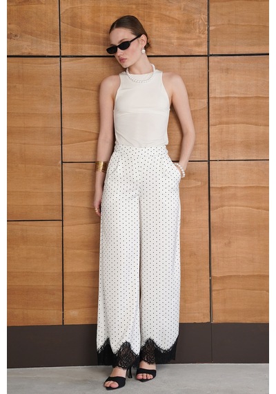 Verymoda Puantiyeli Paçası Dantelli Saten Pantolon D2970 Krem