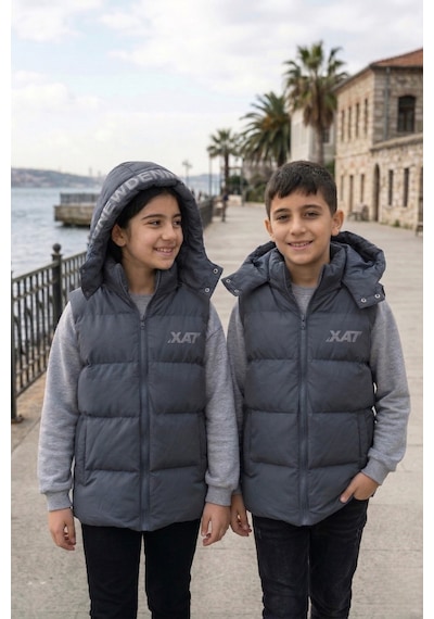 Pina Kids Unisex Çıtçıt Kapüşonlu Baskılı Şişme Yelek Füme