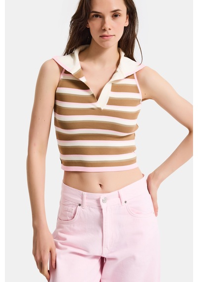 Kadın Kahve Bej S6-98 Crop Fit Polo Yaka İnce Yazlık Triko Body