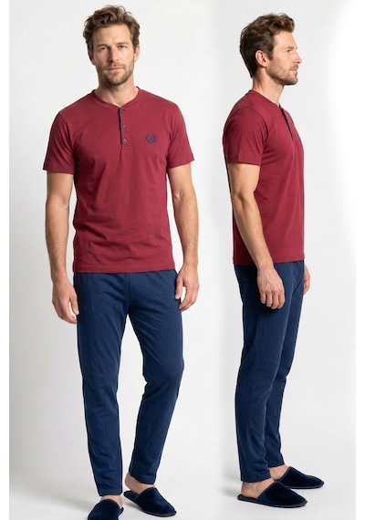 Kompedan Erkek Pamuk Düğmeli Yaka Altı Düz Cepli Kısa Kol Pijama Takımı Bordo 625