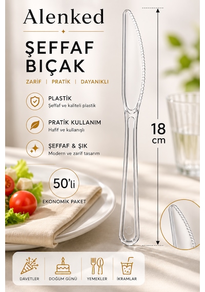 Şeffaf Plastik Bıçak 18 Cm 50 Li Paket